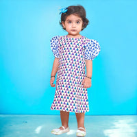 Thumbnail for Blue White Cotton Block Print Emroidered Puff Sleeves Midi Dress For Girl