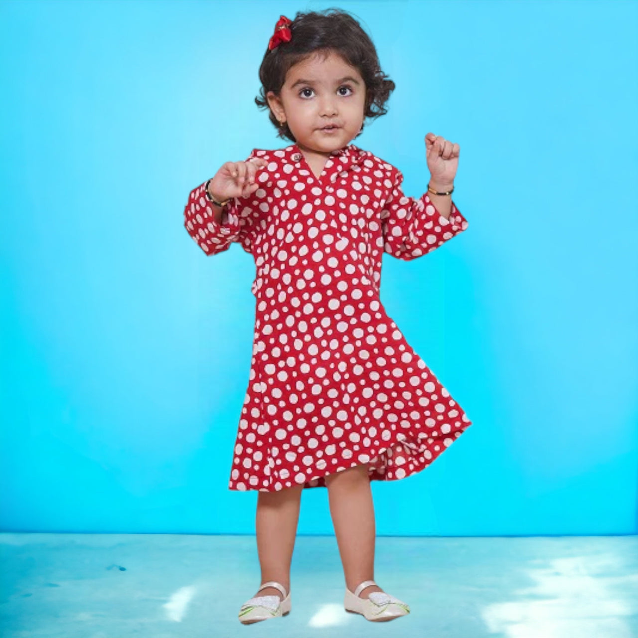 Red Cotton Block Print Polka Dots Hoody Dress For Girls