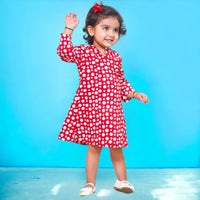 Thumbnail for Red Cotton Block Print Polka Dots Hoody Dress For Girls