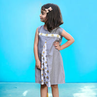 Thumbnail for Grey Elephant Print Soft Cotton Sleeveless Embroidered Knee Lenght Dress For Girls