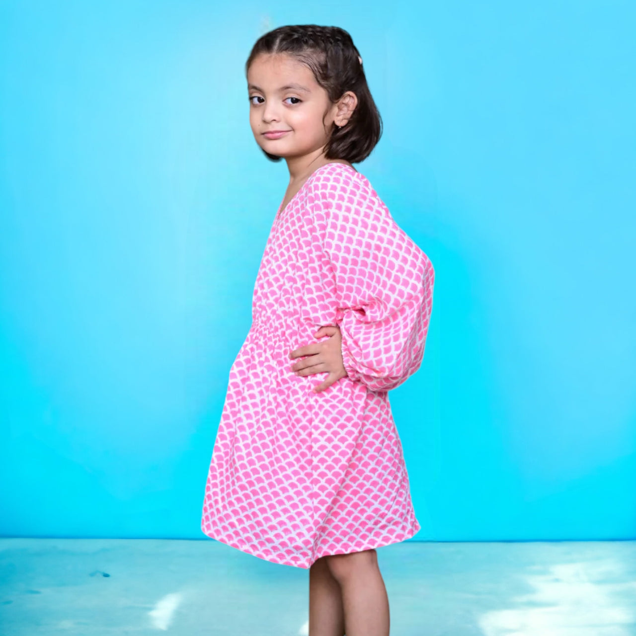 Pink Soft Cotton Block Print Kaftan Dress For Girls