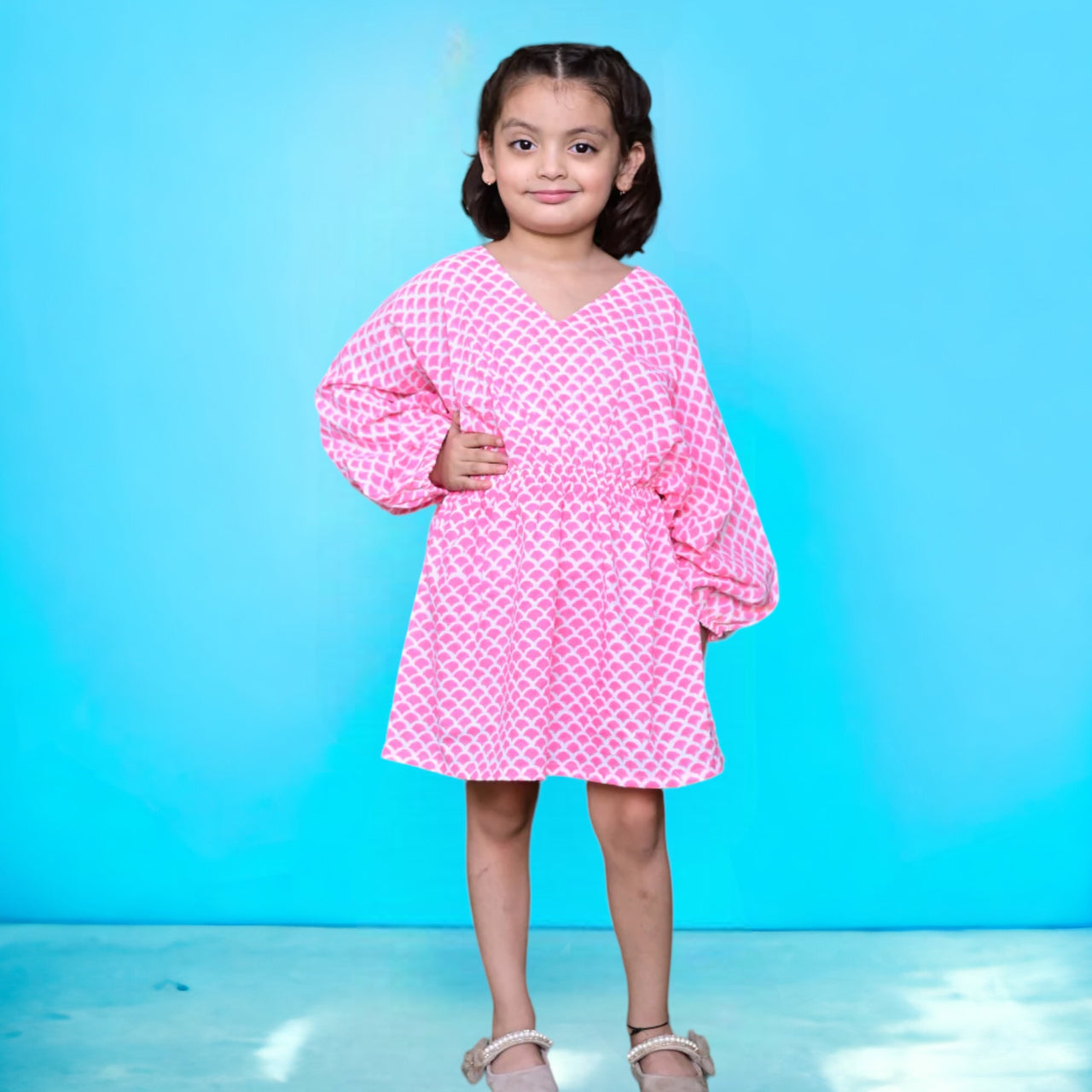 Pink Soft Cotton Block Print Kaftan Dress For Girls