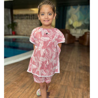 Thumbnail for Pink Tropical Forest Print Girl’s Kaftan Co-ord Set