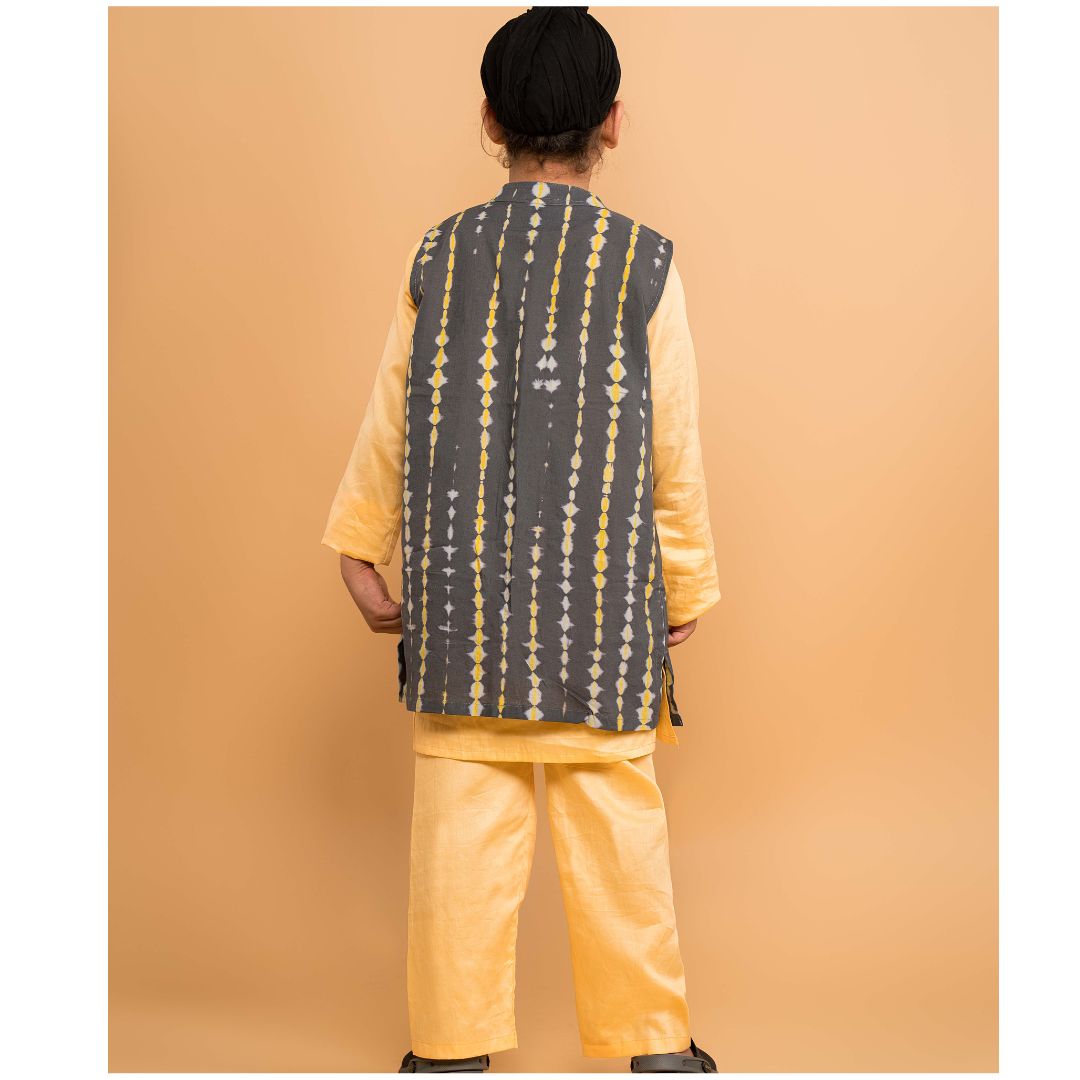Solid yellow and shibori kurta jacket set