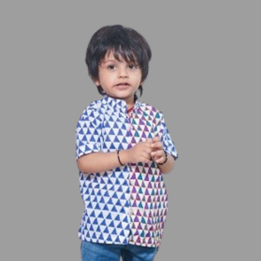 Blue Cotton Block Print Embroidered Stand Collar Bush Shirt For Boys