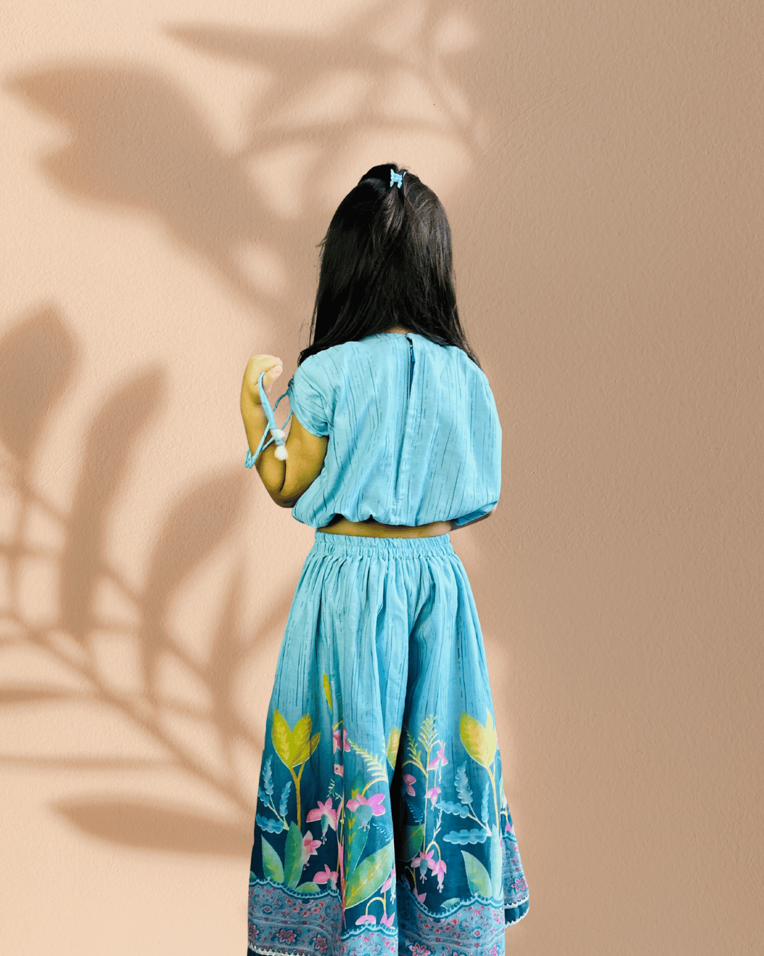 Girls Blue Printed Skirt & Top Set