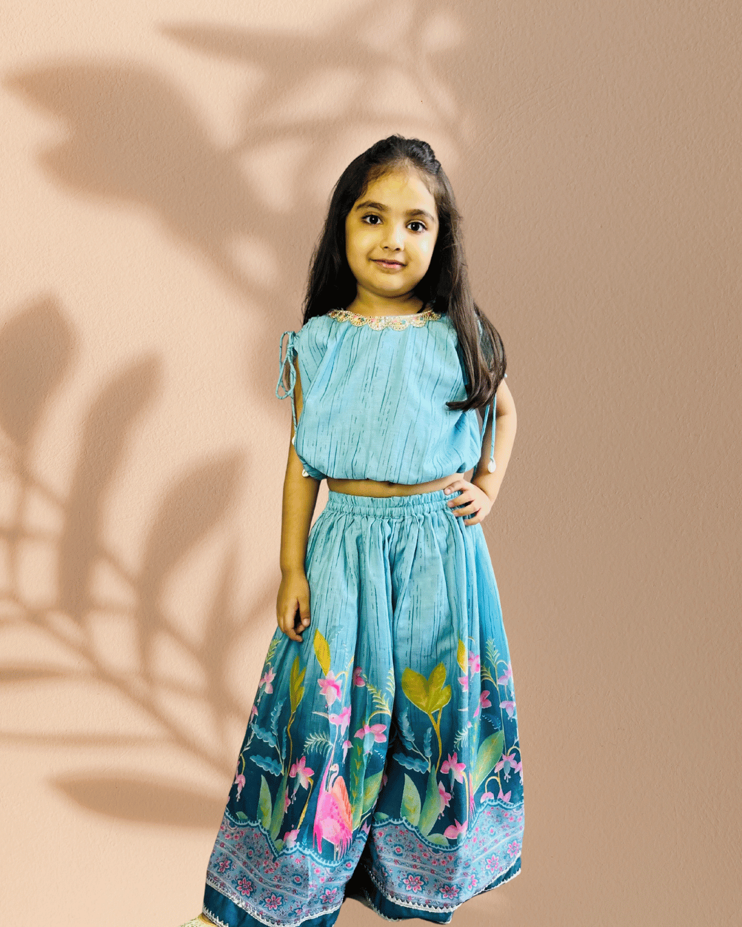 Girls Blue Printed Skirt & Top Set