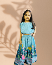 Thumbnail for Girls Blue Printed Skirt & Top Set