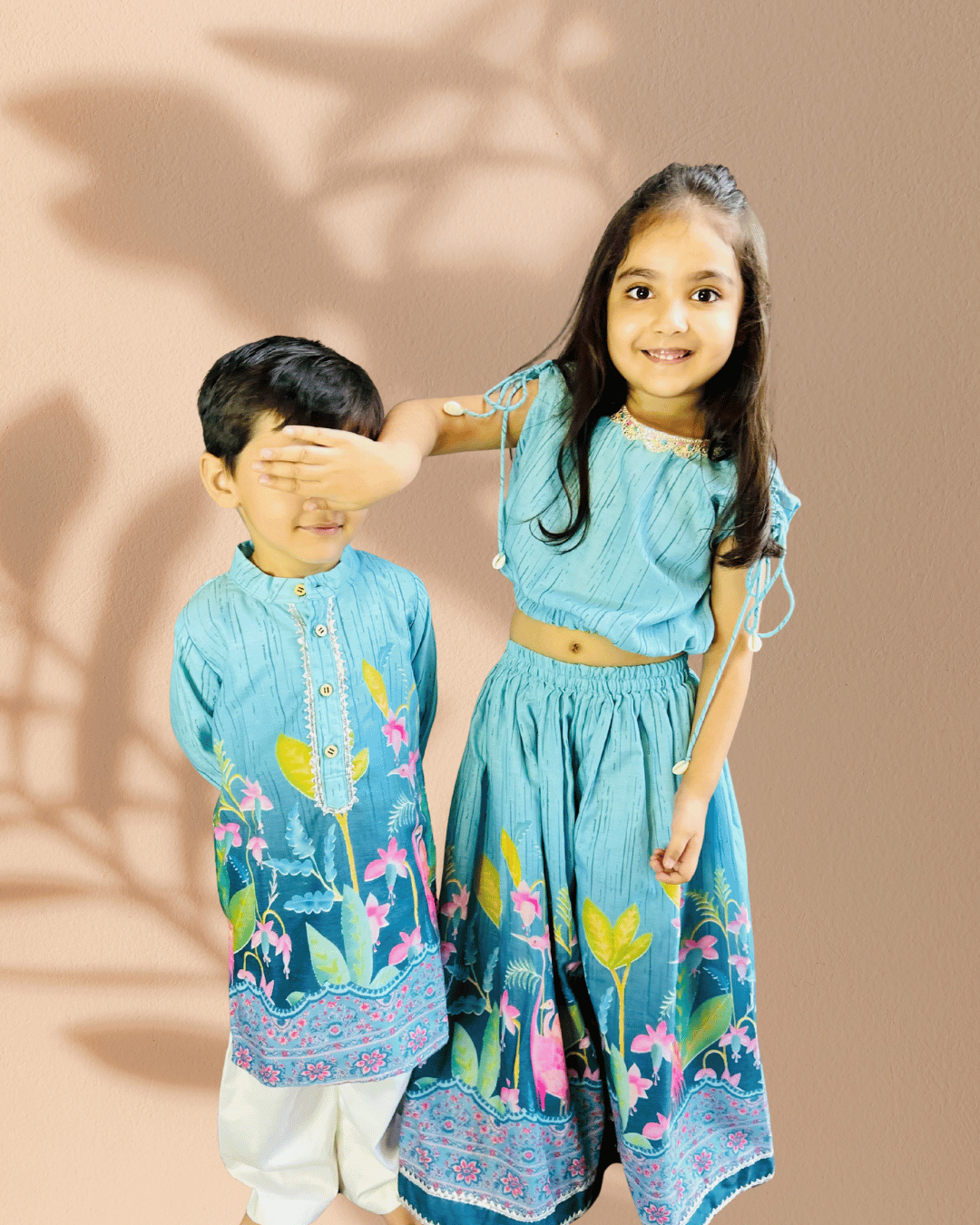 Girls Blue Printed Skirt & Top Set