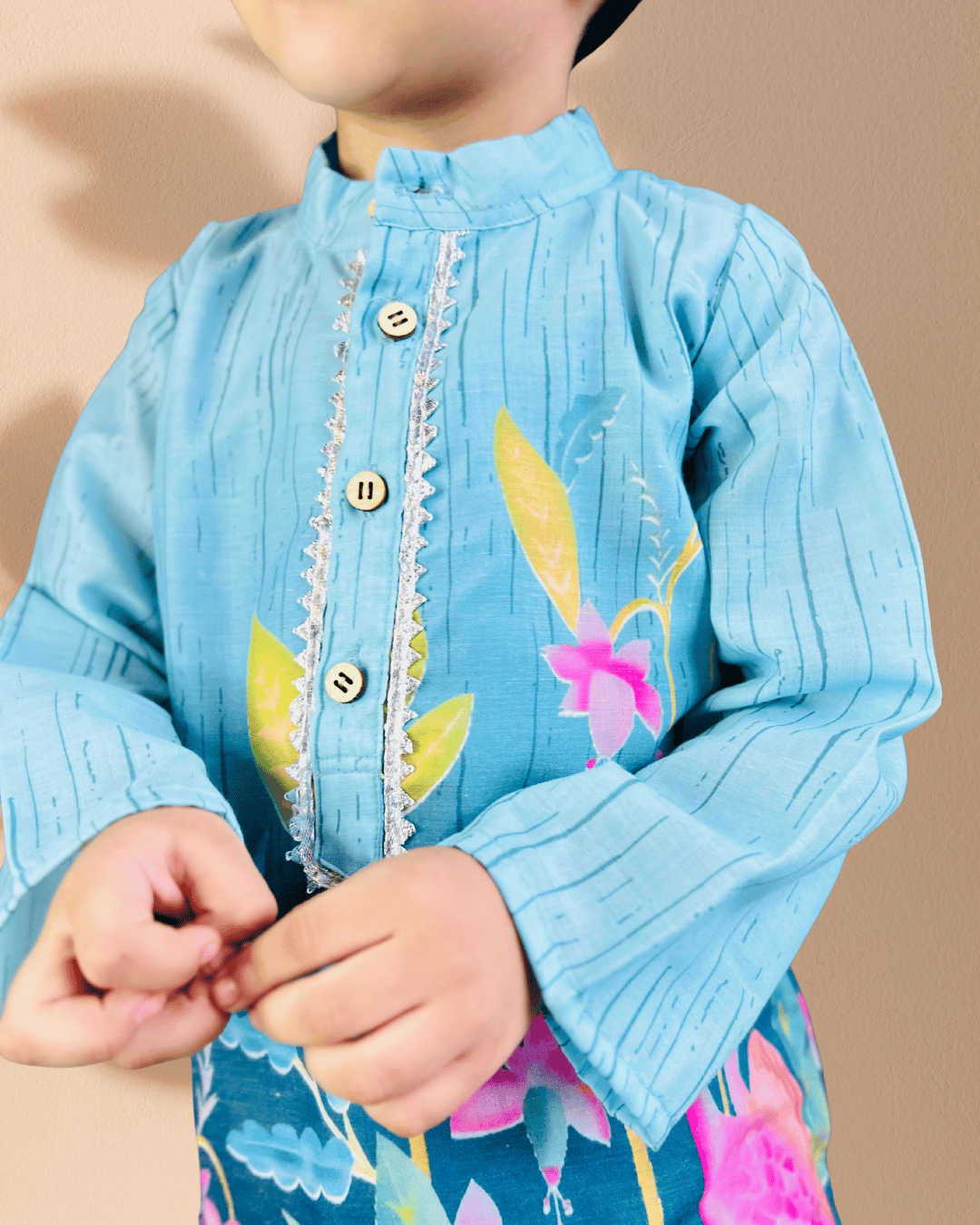 Sky Blue 2 piece Digital Print Kurta Pajama Set For Boys