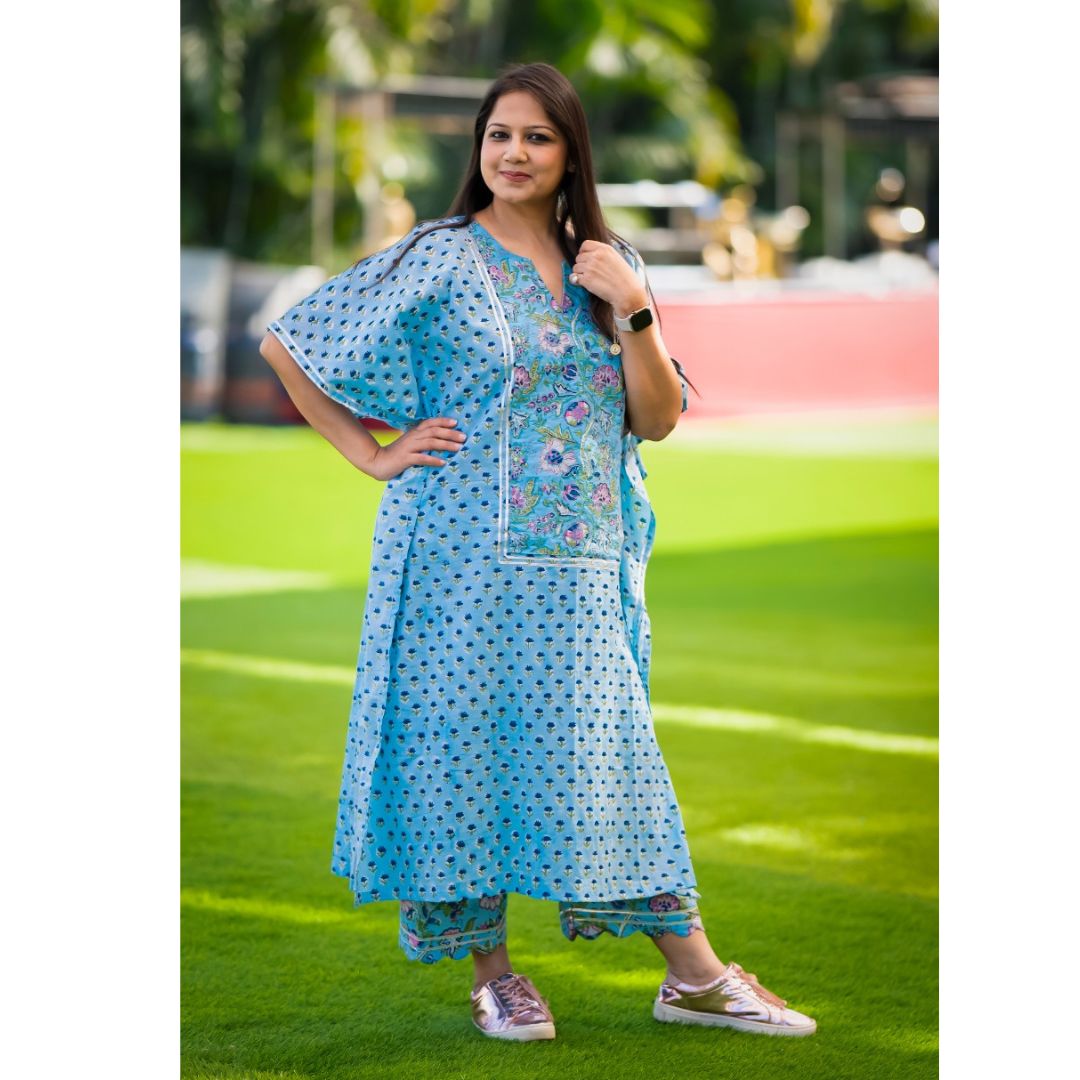 Blue Two Piece Emroidered Kaftan And Palazzo Co-ord Set For Women