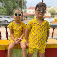 Thumbnail for Boy & Girl yellow Floral cotton Handblock Printed twinning set Duo