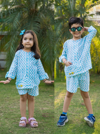 Thumbnail for Boy & Girl Embroidered White & Blue Chevron Block Print Girl Co-ord Twinning Set Duo