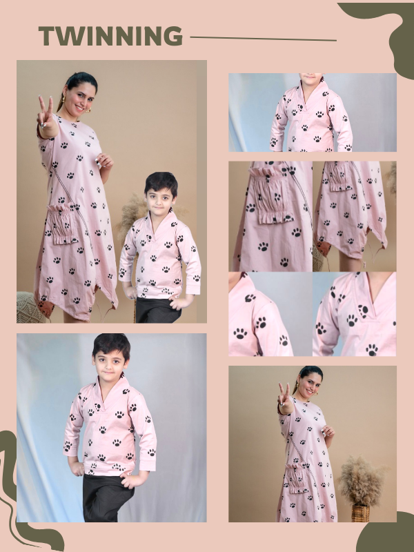 Mom & Son Pink Paw Cotton Lycra Co-ord Set Duo