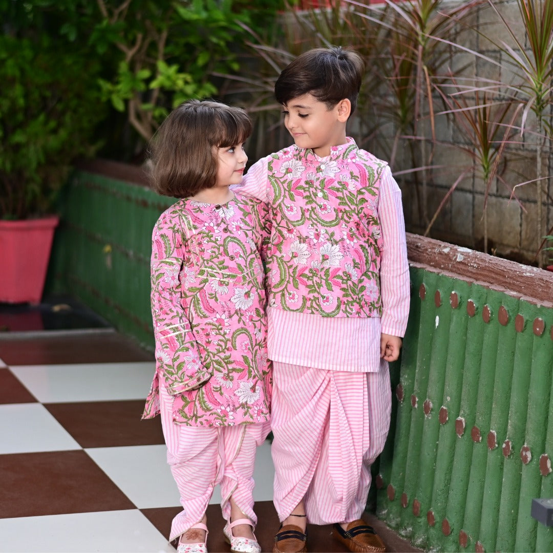 Boy & Girl Cotton Handblock Pink Floral Printed twinning set Duo
