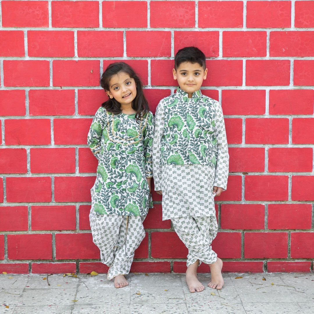 Boy & Girl Cotton Handblock Green Floral Printed twinning set Duo