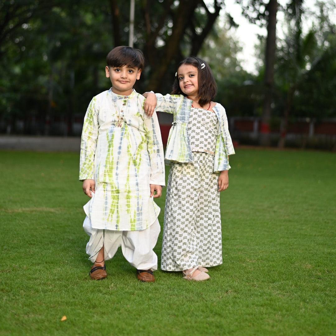 Boy & Girl Cotton Handblock Green Shibori Printed twinning set Duo