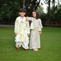 Thumbnail for Boy & Girl Cotton Handblock Green Shibori Printed twinning set Duo