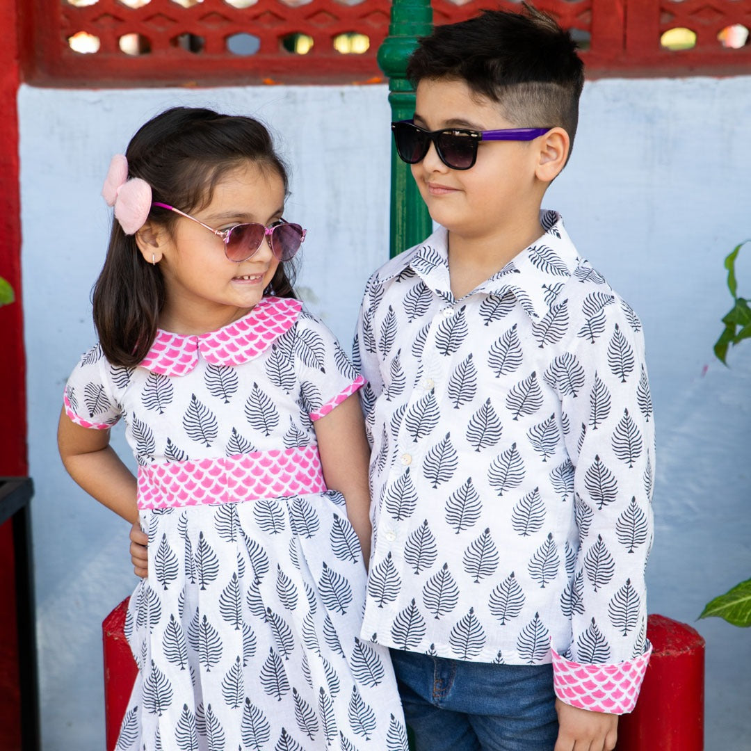 Boy & Girl Cotton Handblock White Leaf Printed Twining set Duo
