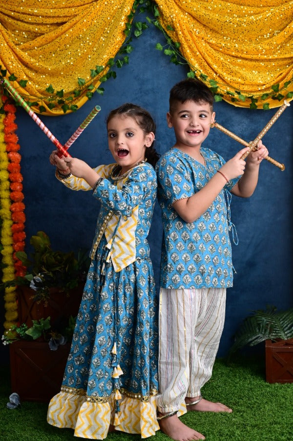 Boy & Girl Cotton Handblock Blue Floral Printed twinning Ethnic set Duo