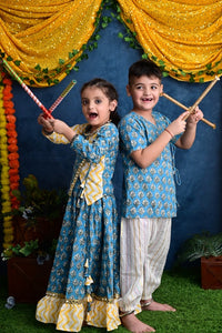 Thumbnail for Boy & Girl Cotton Handblock Blue Floral Printed twinning Ethnic set Duo