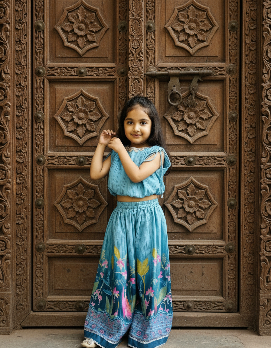Sky Blue 2 piece Digital Print Skirt & Top Set For Girls