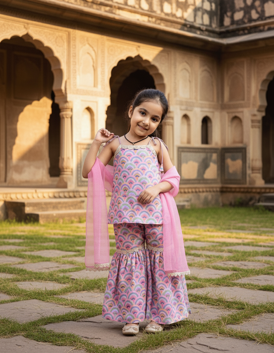 Pink 2 piece Digital Print Kurta  Sharara Set for Girls
