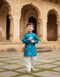 Thumbnail for Deep blue Peacock Print 2 piece Cotton Kurta Pajama Set for Boys
