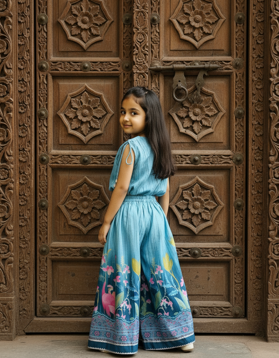 Sky Blue 2 piece Digital Print Skirt & Top Set For Girls