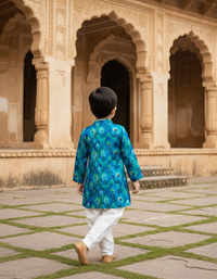 Thumbnail for Deep blue Peacock Print 2 piece Cotton Kurta Pajama Set for Boys