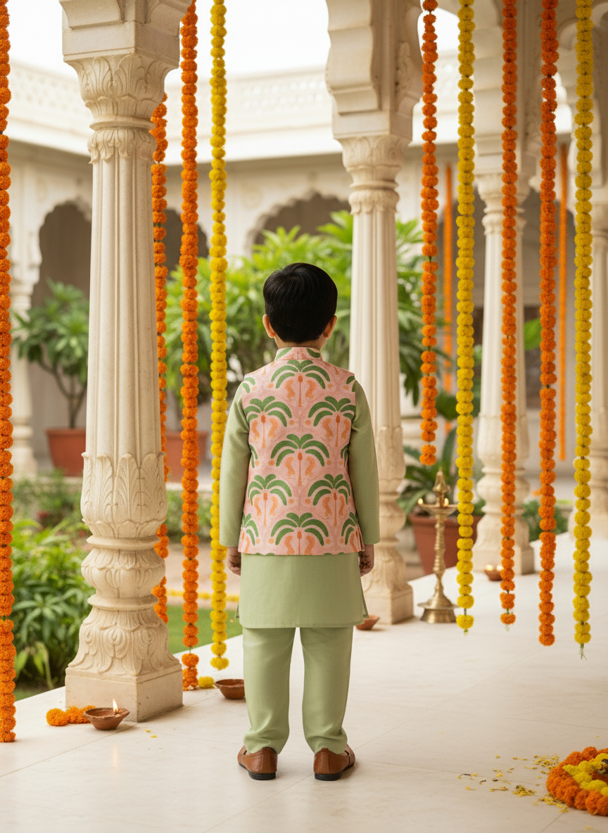 Green 3 piece Digital Print Kurta Pajama with Printed Nehru Jacket Set for Boys