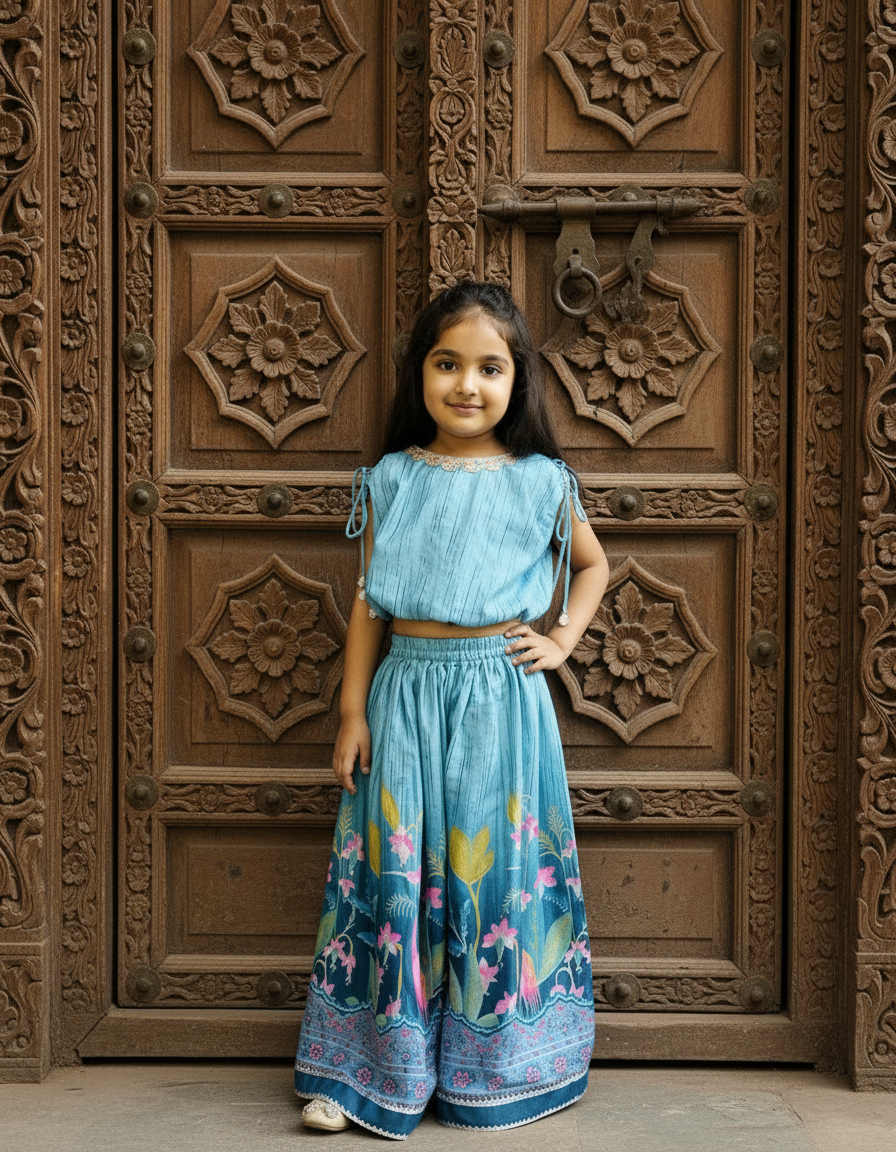 Sky Blue 2 piece Digital Print Skirt & Top Set For Girls