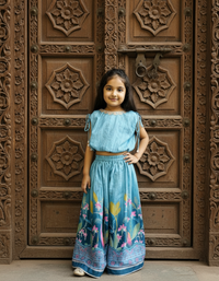 Thumbnail for Sky Blue 2 piece Digital Print Skirt & Top Set For Girls