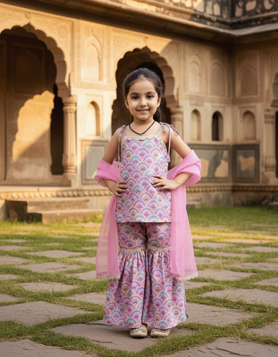Pink 2 piece Digital Print Kurta  Sharara Set for Girls