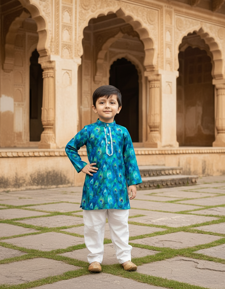 Deep blue Peacock Print 2 piece Cotton Kurta Pajama Set for Boys