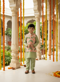 Thumbnail for Green 3 piece Digital Print Kurta Pajama with Printed Nehru Jacket Set for Boys