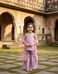 Thumbnail for Pink 2 piece Digital Print Kurta  Sharara Set for Girls
