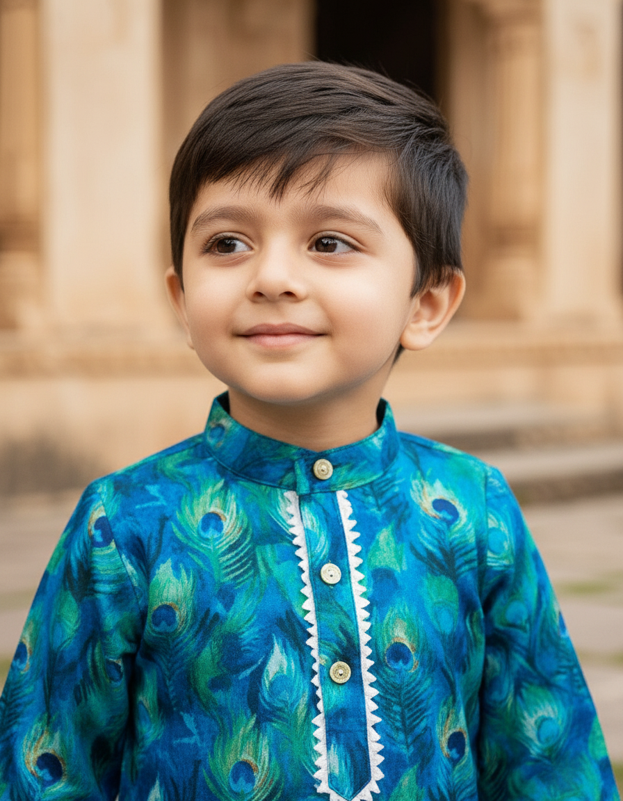 Deep blue Peacock Print 2 piece Cotton Kurta Pajama Set for Boys