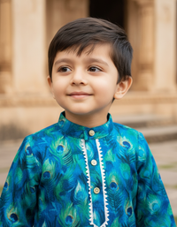 Thumbnail for Deep blue Peacock Print 2 piece Cotton Kurta Pajama Set for Boys
