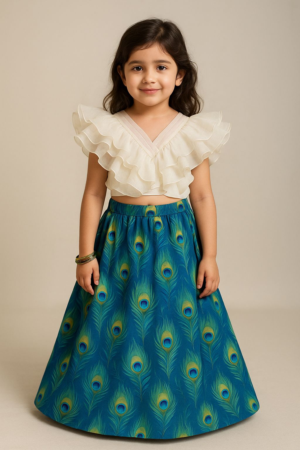 Girls Peacock Feather Teal Indo Western Lehenga Skirt & Crop Top Set
