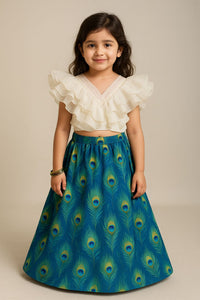 Thumbnail for Girls Peacock Feather Teal Indo Western Lehenga Skirt & Crop Top Set