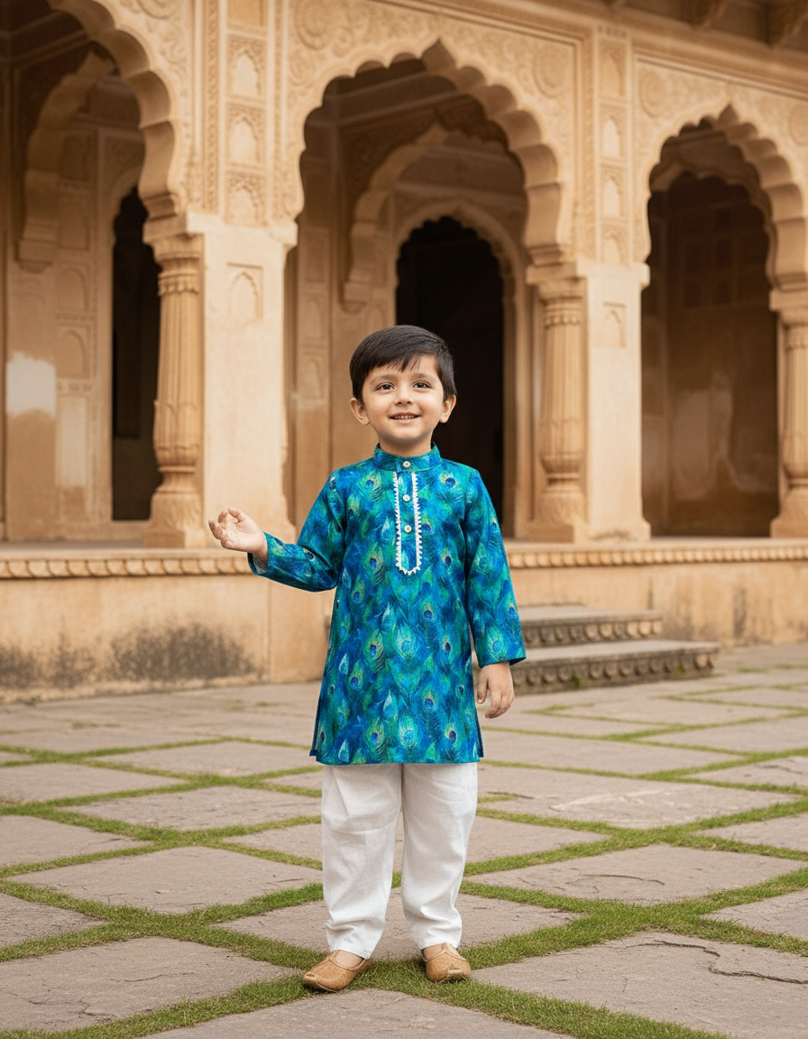 Deep blue Peacock Print 2 piece Cotton Kurta Pajama Set for Boys