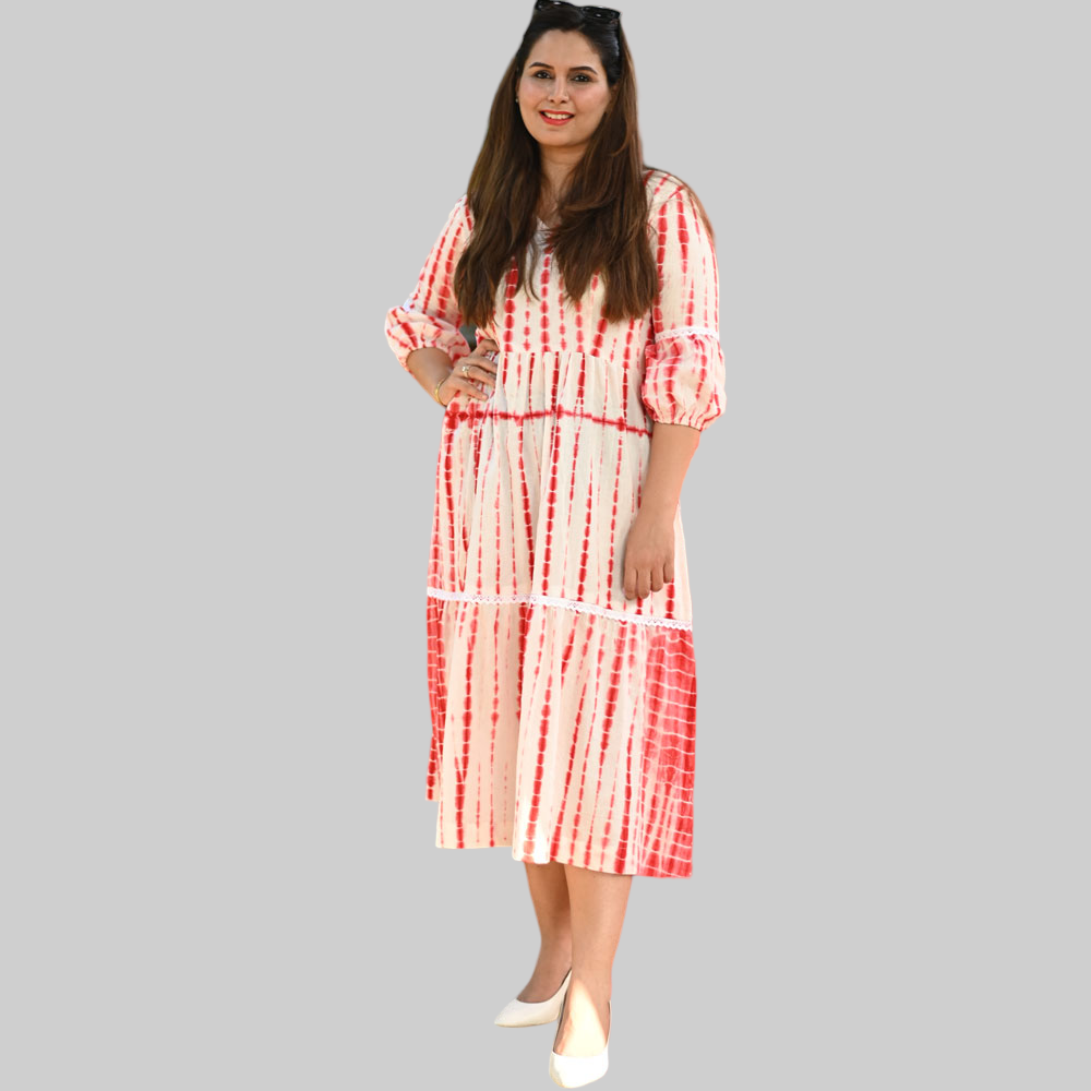Red & White Cotton Shibori, Tiered Dress for Women