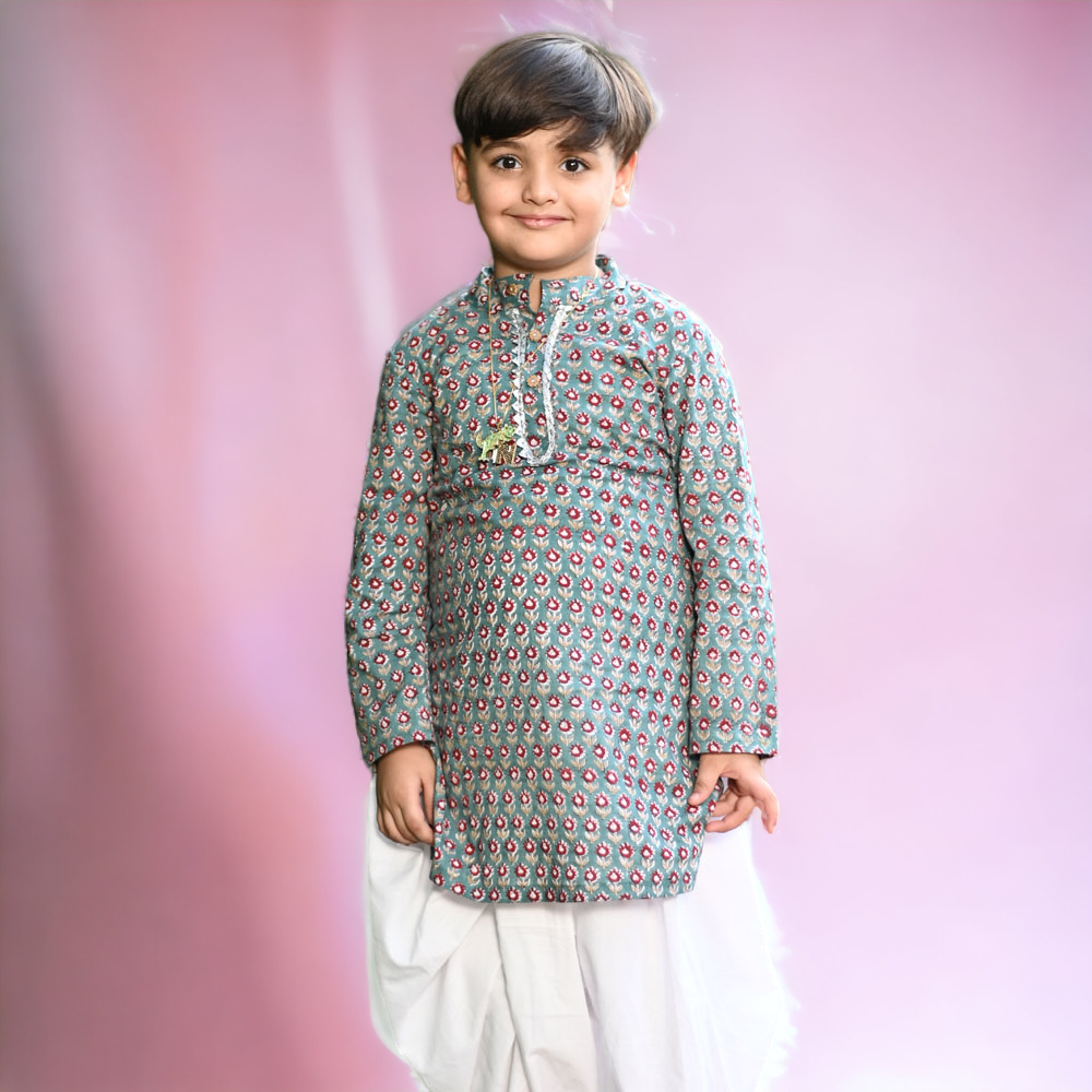 Teal Floral Cotton Block Print Traditional Kurta Dhoti Set For Boys