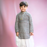 Thumbnail for Teal Floral Cotton Block Print Traditional Kurta Dhoti Set For Boys