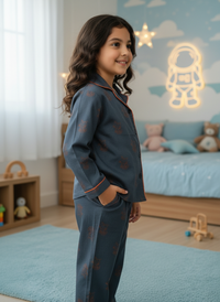 Thumbnail for Midnight Blue Kitty Hand Block Printed Lycra Cotton Unisex Night Suit