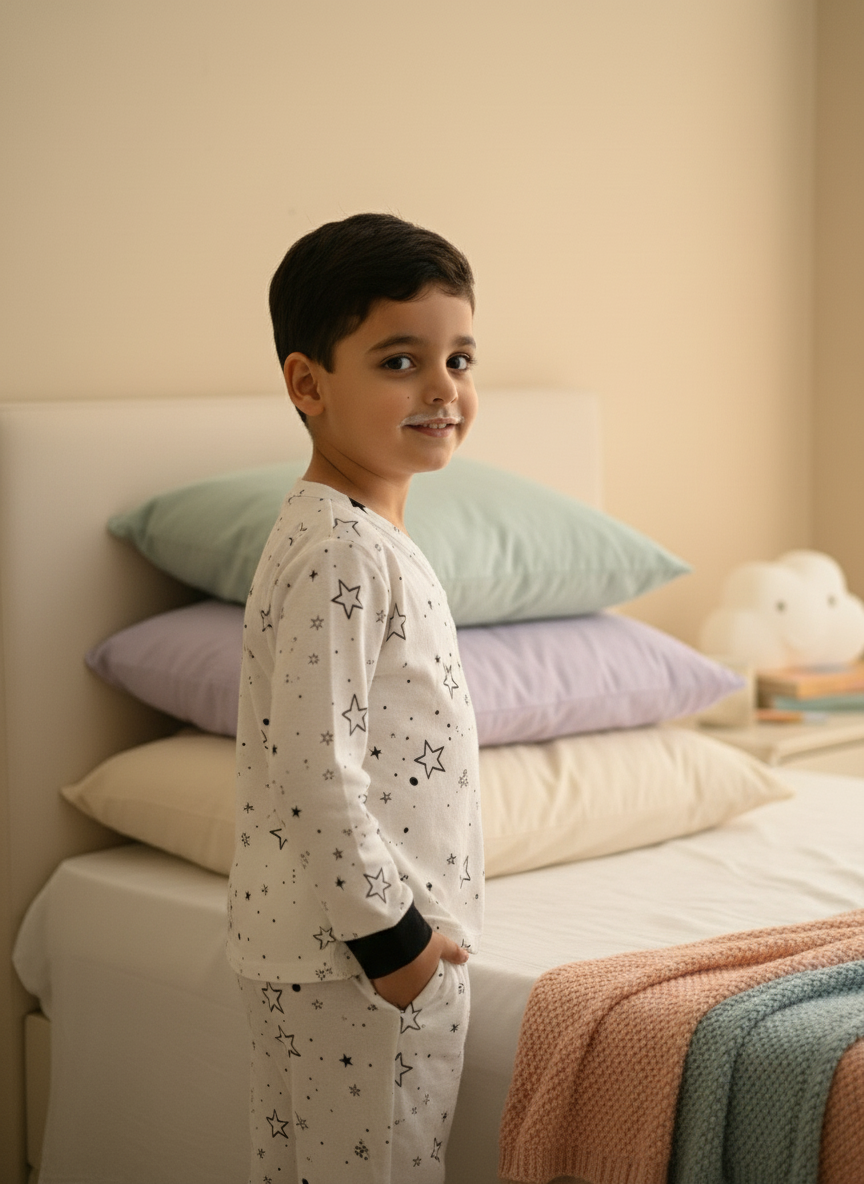 White Soft Cotton Star Printed Nightwear For Boys