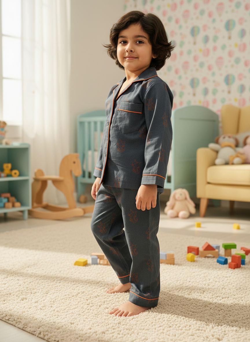 Midnight Blue Kitty Hand Block Printed Lycra Cotton Boy Night Suit