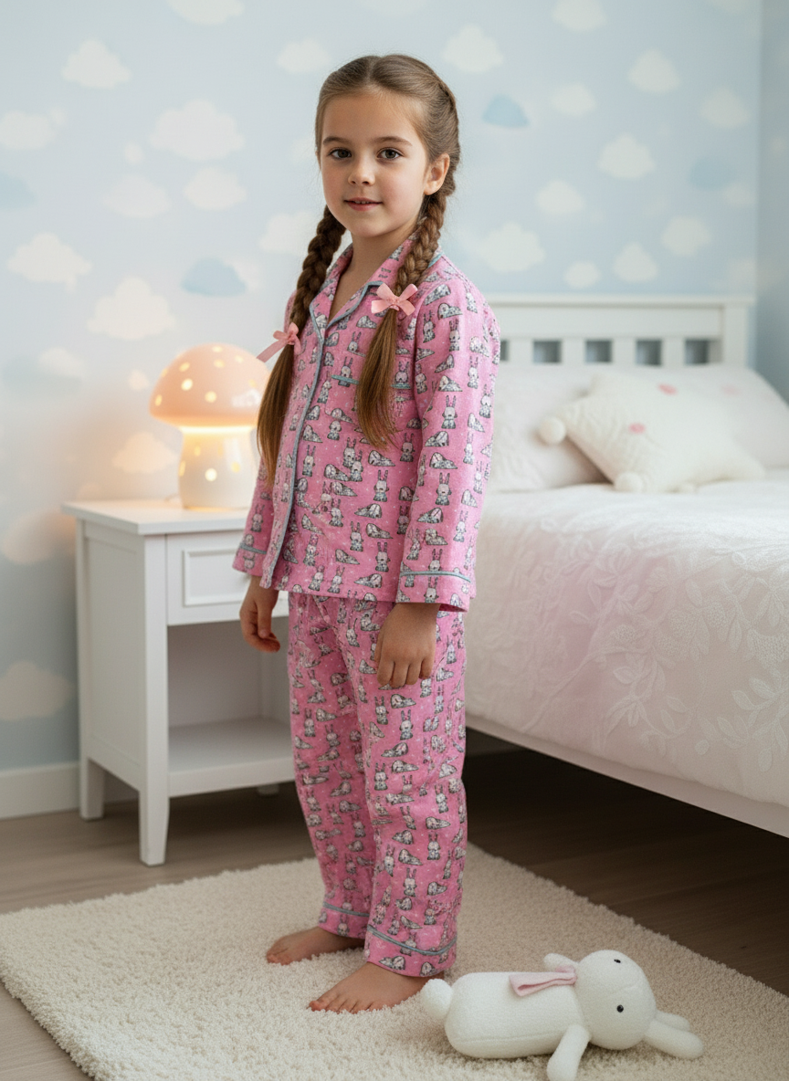 Pink Bunny Print Unisex Spun Cotton Night Suit
