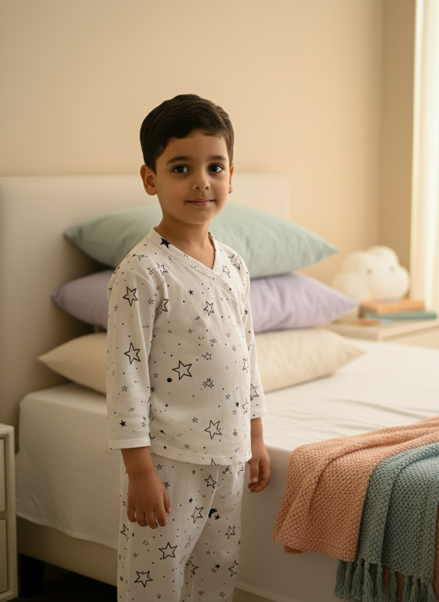 White Soft Cotton Star Printed Nightwear For Boys